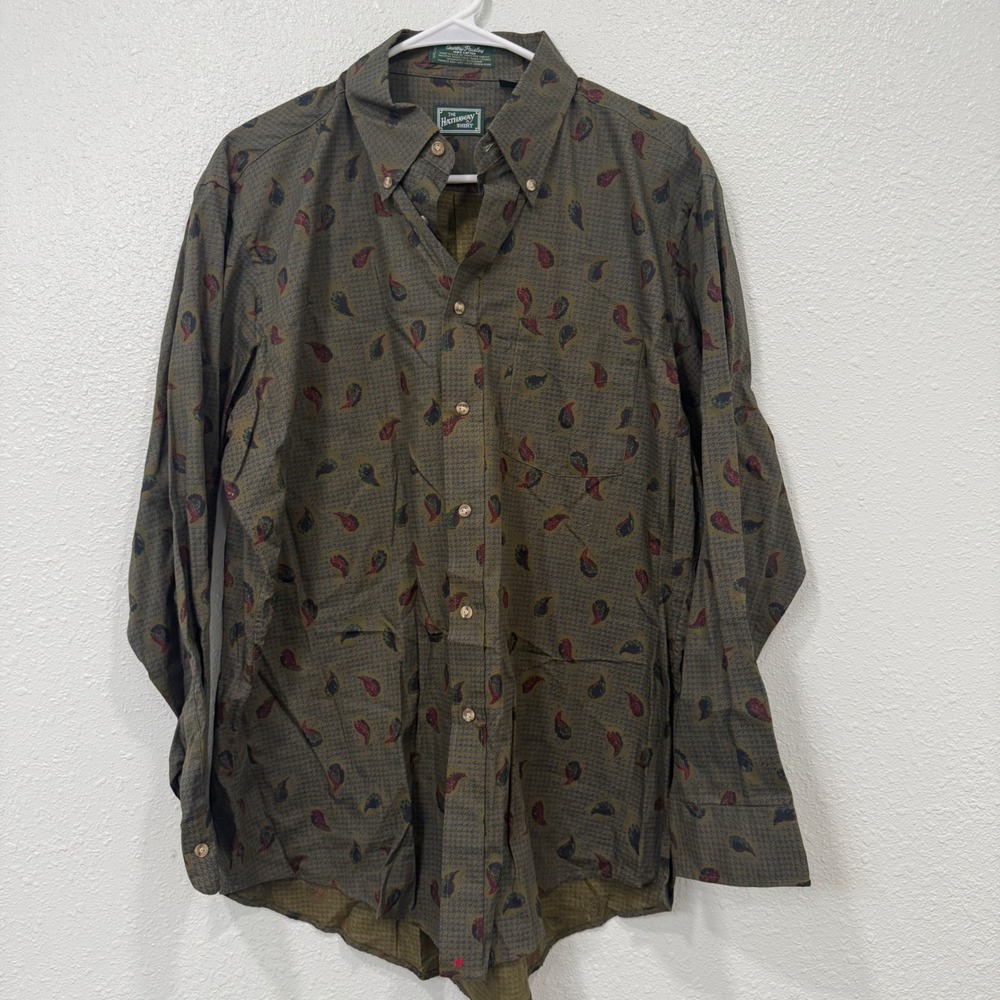 Hathaway Mens Country Paisley Button Down Shirt Olive Green Cotton USA 17 32-33